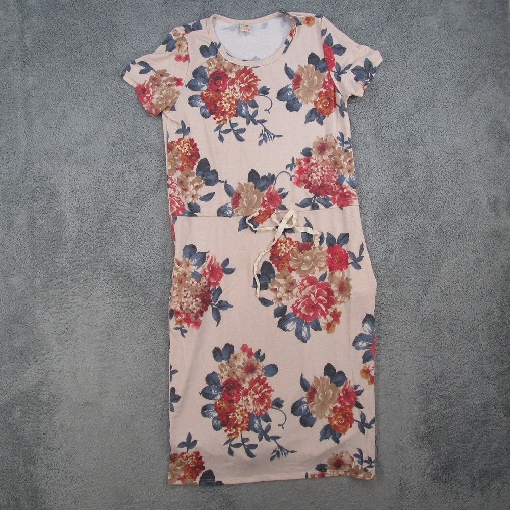 7th Ray Womens Floral Midi Dress XL Pink Short Sleeve Pocket Drawstring D-4251